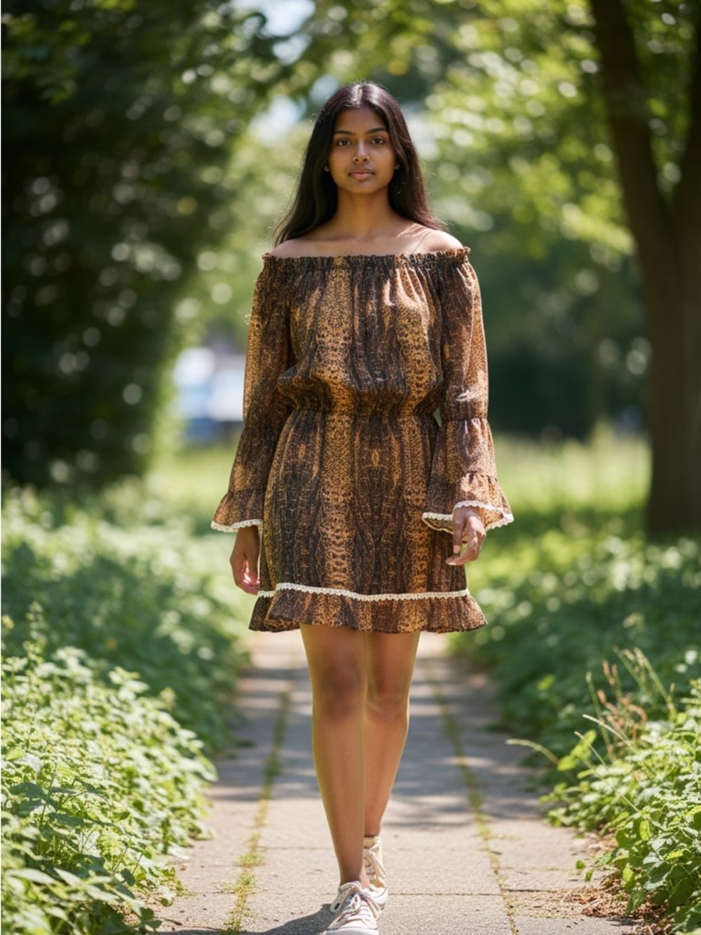 Boho Brown Mini Dress with Lace Trim